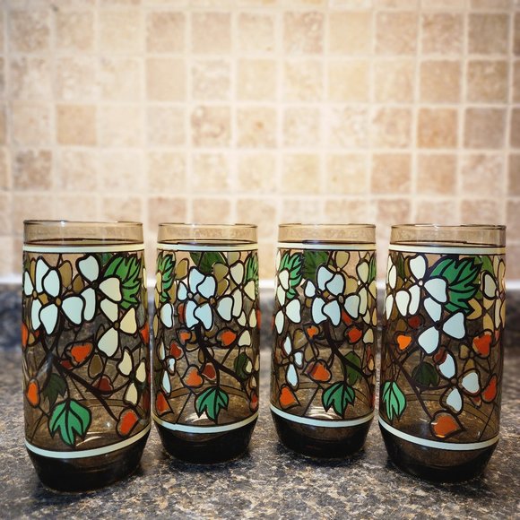 Libbey Other - Vintage 70's Libbey Glasses. Tawny Smoke Brown Glass w/ Orange Flowers Set of 4